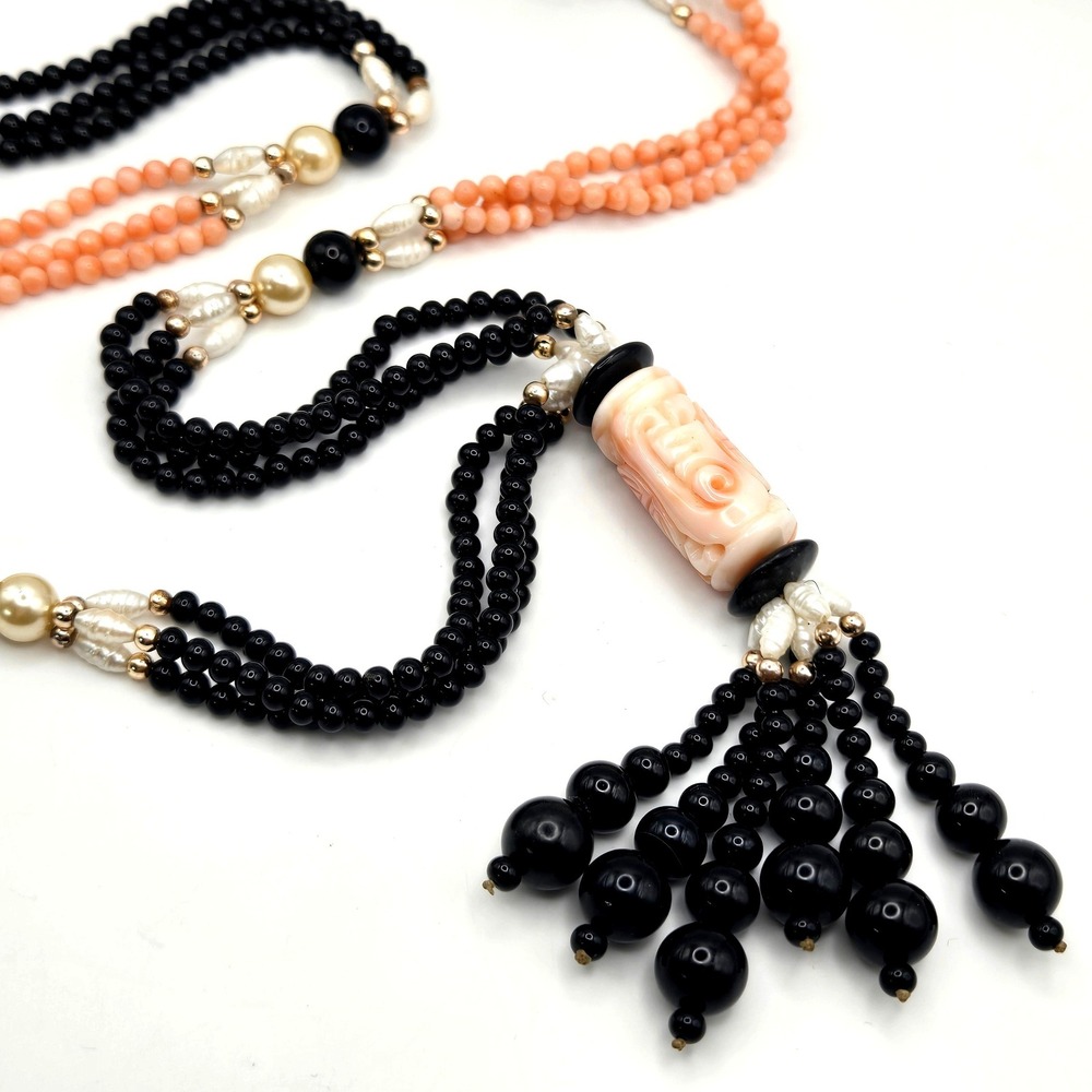 Vintage Carved Coral Black Onyx Freshwater Pearl Multi Strand Tassel Necklace
